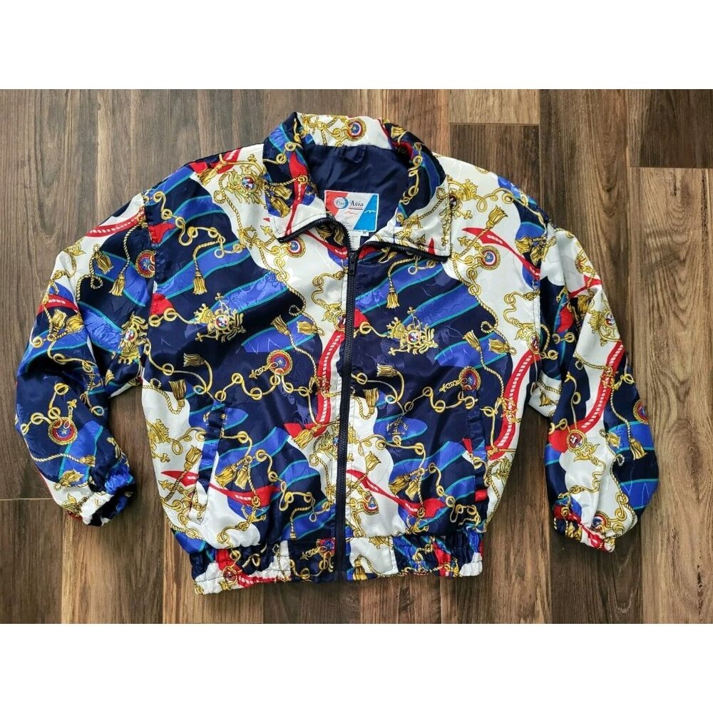 Vtg Pan Asia Blue Red Nautical Satin Zip Up Lightweight Track Jacket Sz M